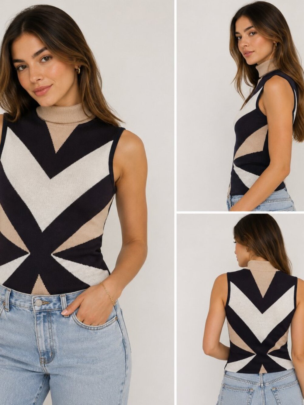 Stunning Vintage Cache Geometric Colorblock Mock Neck Sleeveless Knit Top Large